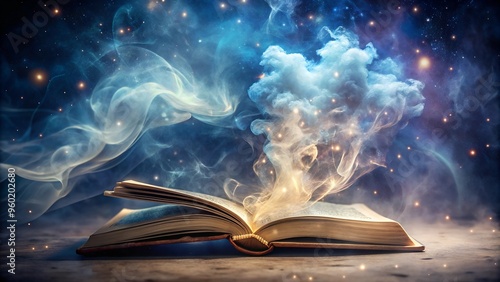 Mysterious Book Woven from Mist and Starlight Unveiling Soul Stories. Perfect for: Mystical wisdom events, Cosmic gatherings, Spiritual festivals