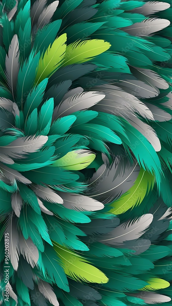 Seamless background with multicolored bright green, grey and turquoise feathers isolated on white Seamless background with multicolored bright green, grey and turquoise feathers isolated on white