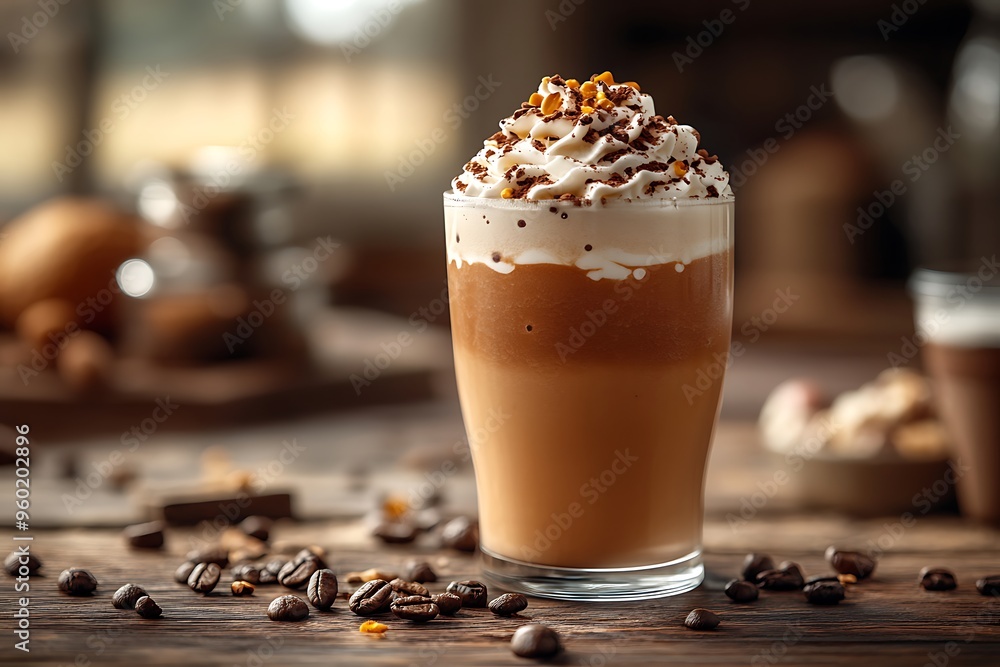 A creamy coffee drink sits on a rustic wooden table, adorned with whipped cream and chocolate shavings. A warm cafe atmosphere enhances the experience
