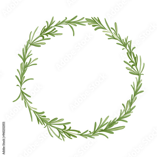 Rosemary herb circle frame. Healthy spice vector design. Copy space. Print for food, beauty products, flavour, aroma packaging., web design, textile. White background