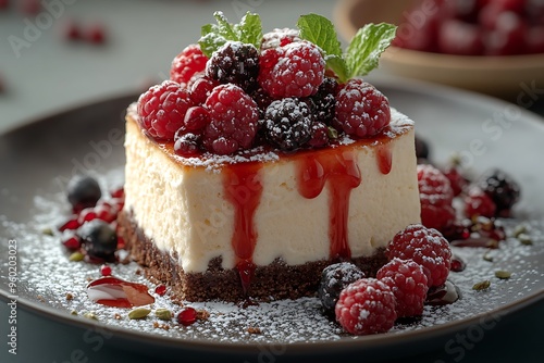 A delectable slice of creamy cheesecake sits on a rustic plate, adorned with fresh raspberries and blackberries drizzled with a rich sauce, inviting indulgence