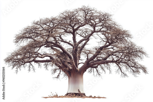 Massive baobab tree isolated on white background, Big trunk baobab tree.	
 photo