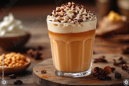 A glass of rich coffee topped with fluffy whipped cream and chocolate shavings is elegantly placed on a wooden table surrounded by sweets and spices