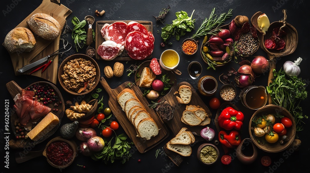 An Arrangement of Bread, Salami, Cheese, and Vegetables on a Black Surface An Arrangement of Bread, Salami, Cheese, and Vegetables on a Black Surface