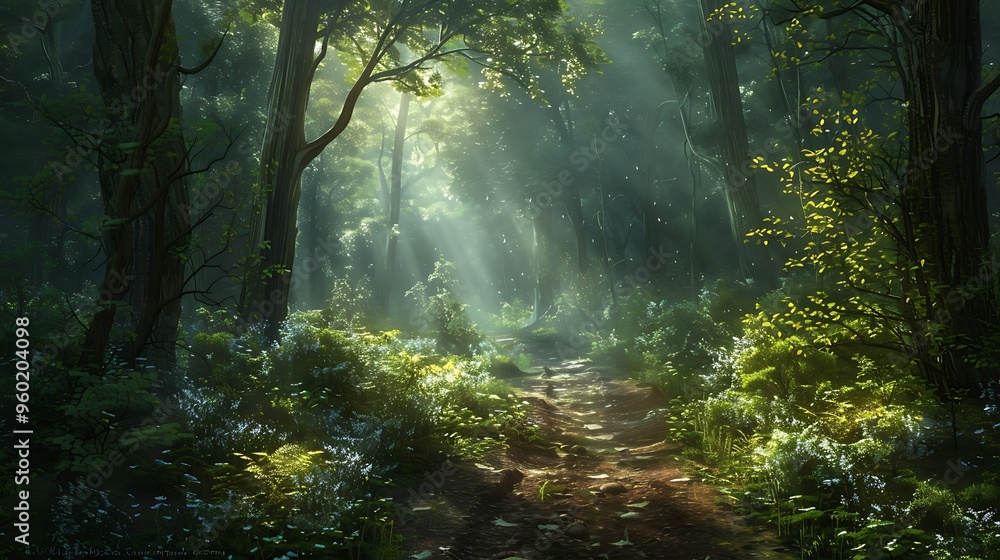 A slightly enlarged, high-definition image of sun rays filtering through the dense canopy of a forest. A slightly enlarged, high-definition image of sun rays filtering through the dense canopy of a forest.