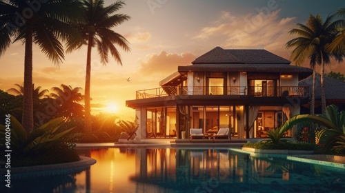 Luxury Tropical Villa at sunset with swimming pool