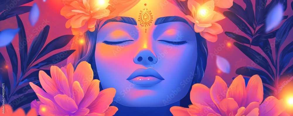 Conceptual illustration of an Indian goddess surrounded by Diwali lights and flowers, divine symbolism, Indian spirituality Conceptual illustration of an Indian goddess surrounded by Diwali lights and flowers, divine symbolism, Indian spirituality