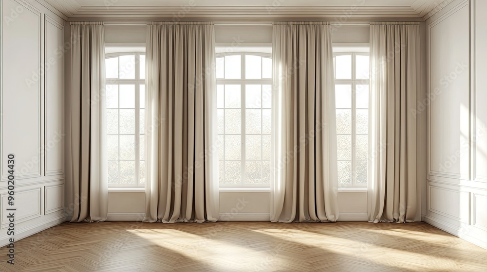 3D illustration of a classic empty room featuring a white wall, warm parquet flooring, a wide window with white vitrage, and three beige curtains on the sides 3D illustration of a classic empty room featuring a white wall, warm parquet flooring, a wide window with white vitrage, and three beige curtains on the sides