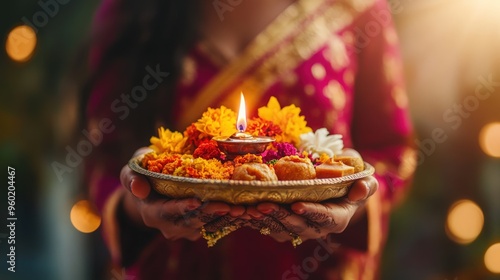 Tradition Indian woman holding a plate decorated with oil lamp, sweet food, flowers, and religious offering on the occasion of Karwa Chauth festival photo