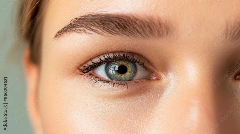 Fototapeta premium Close-up of a woman s focused eyes during a yoga pose, intense discipline, soft studio lighting