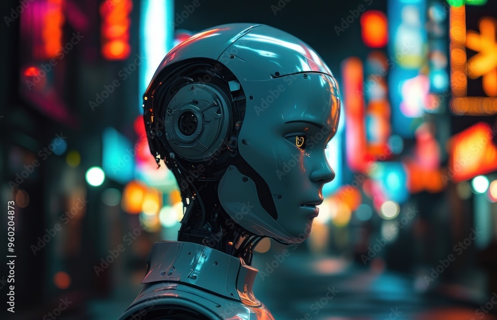 Close-up of a robotic figure wearing headphones in an urban setting Close-up of a robotic figure wearing headphones in an urban setting