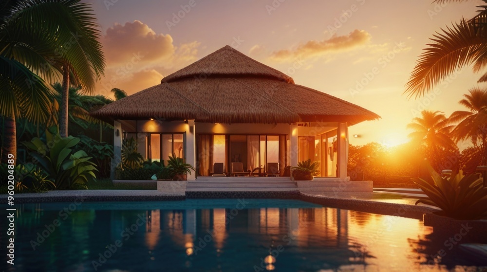 Luxury Tropical Villa at sunset with swimming pool Luxury Tropical Villa at sunset with swimming pool