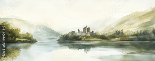 Beautiful watercolor illustration of an Irish castle by a tranquil lake amidst misty hills, evoking a serene and enchanting atmosphere