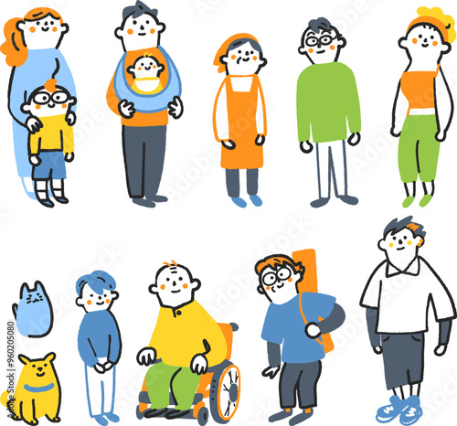 社会と共生　社会に生きる様々な人々　セットのストックイラスト素材