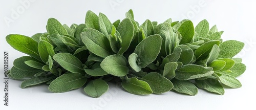 Fresh Green Sage Leaves Arranged on White Surface photo