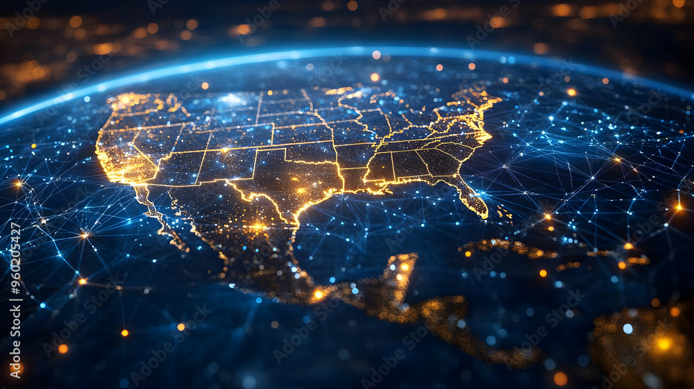 A digital representation of the United States illuminated at night. A digital representation of the United States illuminated at night.