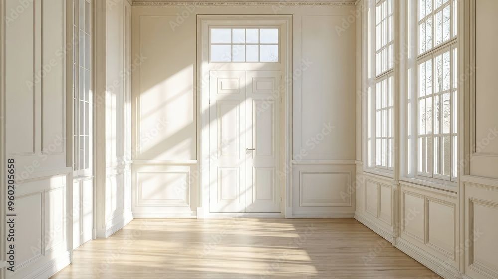 Bright, airy apartment interior with a white door and large windows, featuring light-colored walls and minimalist decor for a modern aesthetic Bright, airy apartment interior with a white door and large windows, featuring light-colored walls and minimalist decor for a modern aesthetic
