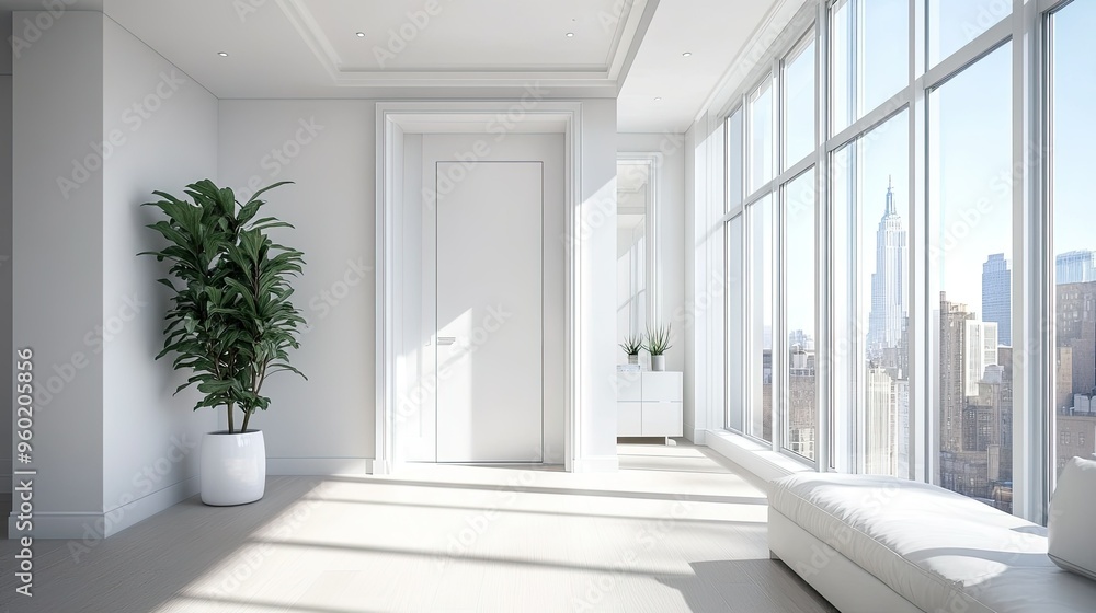 Obraz premium Bright and modern living space in a residential apartment with white walls, a sleek white door, and expansive windows letting in natural light