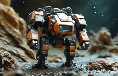 Close-up of a toy robot on rocky terrain