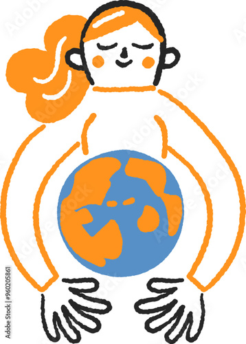 円を描く腕で地球を抱く女性　ストックイラスト素材
