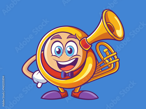 Groovy Cartoon French Horn Character With Mouthpiece 