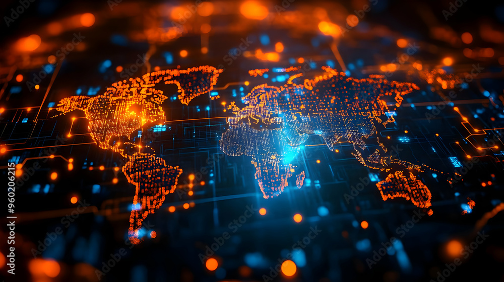 Fototapeta premium A digital world map with glowing connections and circuits.