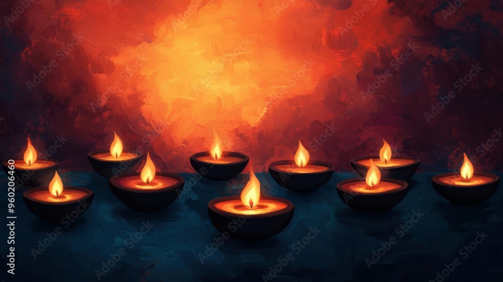 Fototapeta premium Digital painting of an Indian temple surrounded by floating diya lamps during Diwali, spiritual serenity, festival of lights