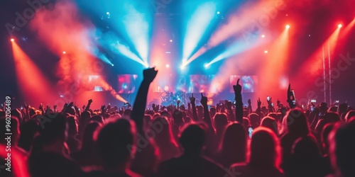 An enthusiastic concert audience immersed in a dynamic and colorful light display 