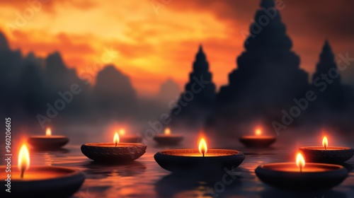 Digital painting of an Indian temple surrounded by floating diya lamps during Diwali, spiritual serenity, festival of lights photo