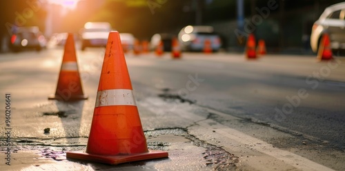 Highway road construction with traffic cones on the asphalt in highway, focus is at orange cone and blurred background of car driving through road works.