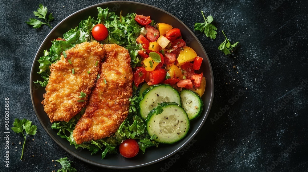 Chicken schnitzel with a side of colorful vegetable salad, arranged beautifully on a plate, over a dark background. A great shot for comfort food concepts Chicken schnitzel with a side of colorful vegetable salad, arranged beautifully on a plate, over a dark background. A great shot for comfort food concepts