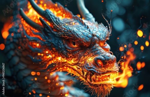 Fotografie Close-up view of a dragon breathing fire
