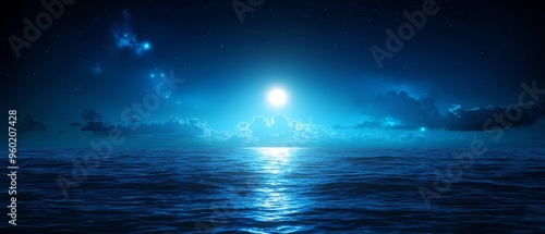 A serene night landscape with glowing blue water reflecting a luminous moon, surrounded by dark clouds and stars.