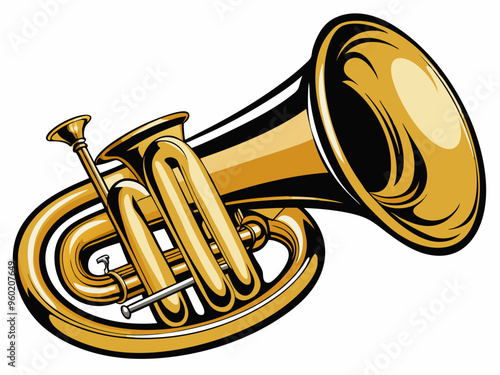 Vector illustration of Golden euphonium musical instrument standing up illustration black and white drawing For children to learn to color according to the picture. 

