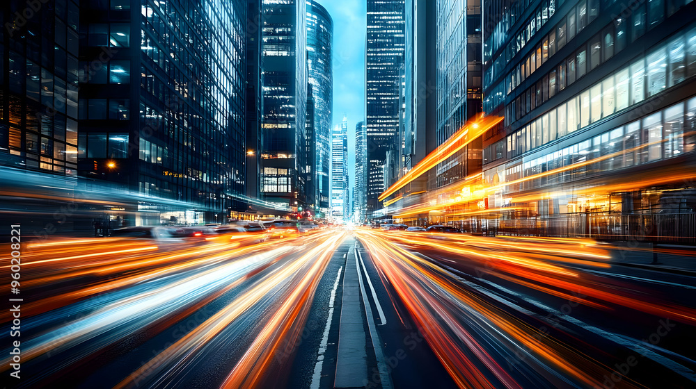 A dynamic cityscape with blurred lights and skyscrapers at night. A dynamic cityscape with blurred lights and skyscrapers at night.