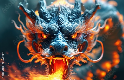 Close-up of a dragon exhaling flames