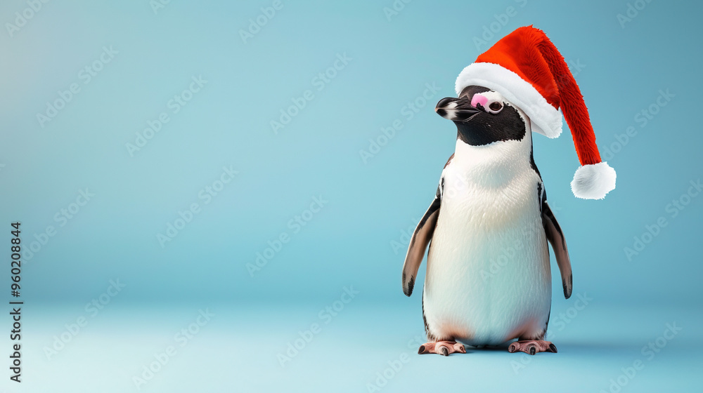 Fototapeta premium penguin with christmas hat on blue background