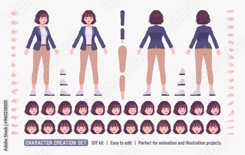 Effective good looking business young woman, attractive girl DIY character creation set. Female body figure parts. Head, leg, hand gestures, different emotions, construction kit. Vector illustration