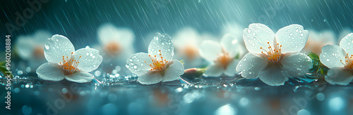 “Spring Rain Falling on White Flowers, Capturing the Serenity and Beauty of Nature in a Cinematic Style, Ideal for Themes of Spring, Nature, and Tranquility”
