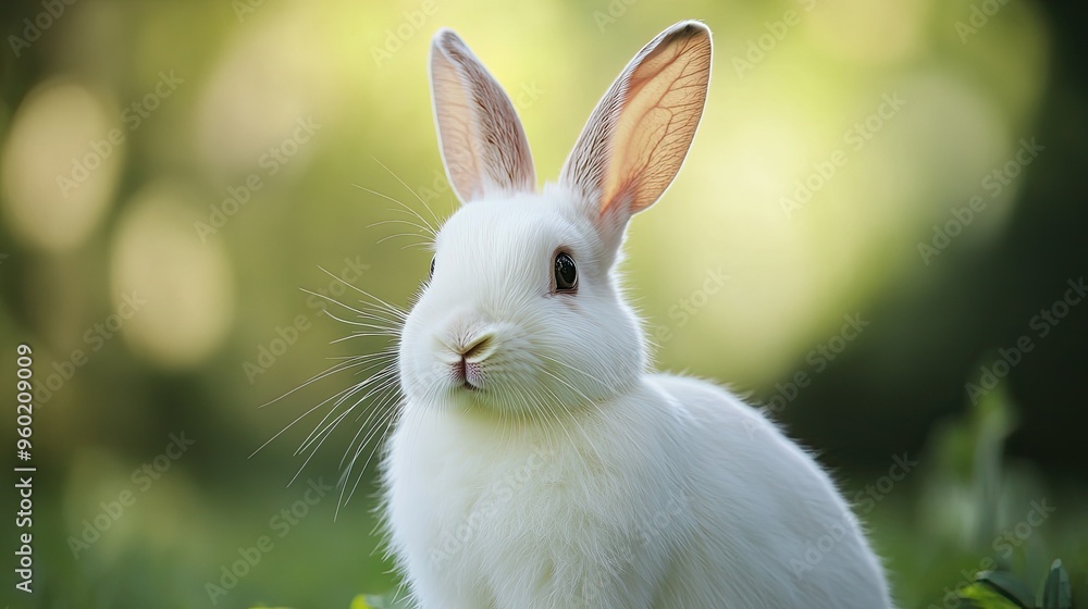 Fototapeta premium Close-up of a fluffy white rabbit in an outdoor farm setting, ears upright and alert, with a natural backdrop of fields and green foliage