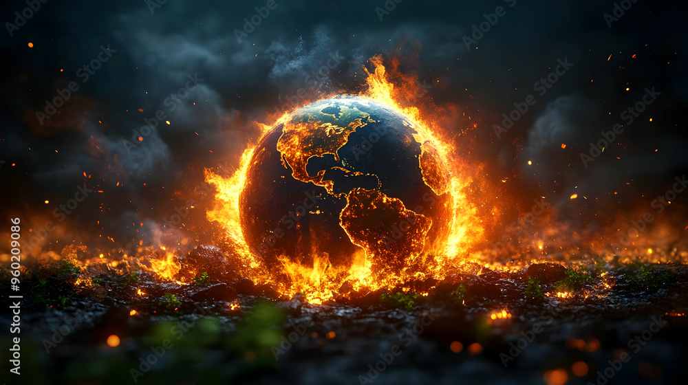 A fiery depiction of Earth engulfed in flames, symbolizing crisis.
