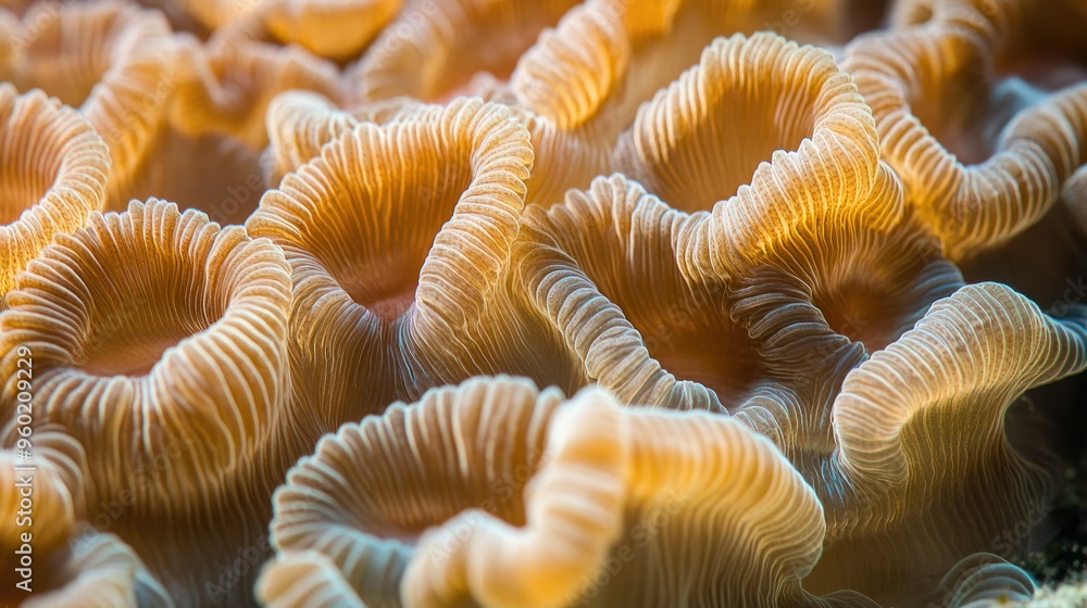 Close-up of a Hammer Coral colony, its fleshy polyps waving softly in the oceanaes current, creating a beautiful and tranquil marine environment Close-up of a Hammer Coral colony, its fleshy polyps waving softly in the oceanaes current, creating a beautiful and tranquil marine environment