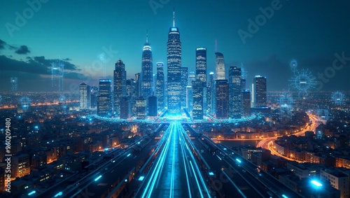 Wallpaper Mural Smart City Concept a futuristic city skyline with digital overlays showing smart grids, autonomous vehicles, and IoT devices, representing a smart city powered by information technology. Torontodigital.ca