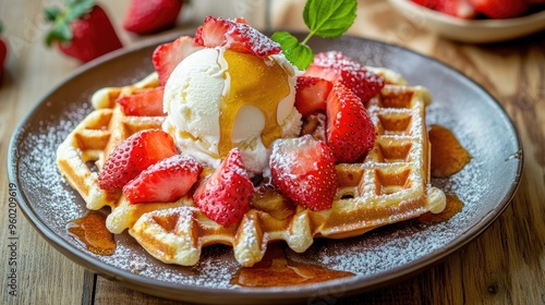 Close-up of a mouthwatering waffle with strawberries, honey, and ice cream, served on a wooden table, ideal for a cozy, indulgent dessert scene