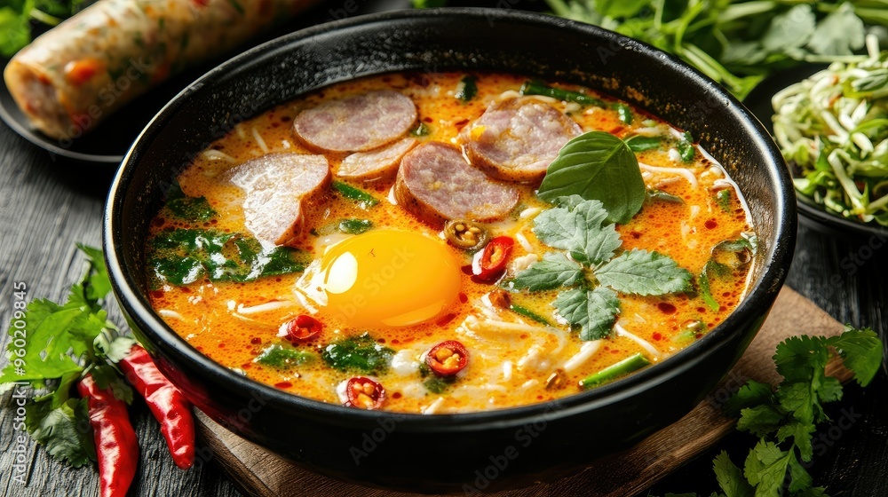 Close-up of a spicy Nyonya Laksa soup with pieces of pork bacon, sliced sausage, and a perfectly cooked egg yolk, surrounded by fresh herbs and chili peppers, top view Close-up of a spicy Nyonya Laksa soup with pieces of pork bacon, sliced sausage, and a perfectly cooked egg yolk, surrounded by fresh herbs and chili peppers, top view