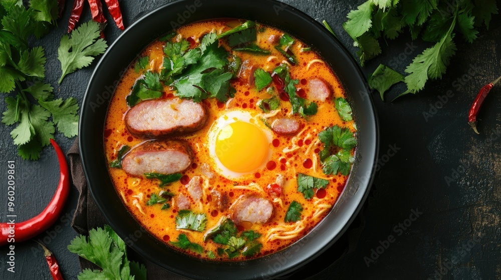 Close-up of a spicy Nyonya Laksa soup with pieces of pork bacon, sliced sausage, and a perfectly cooked egg yolk, surrounded by fresh herbs and chili peppers, top view Close-up of a spicy Nyonya Laksa soup with pieces of pork bacon, sliced sausage, and a perfectly cooked egg yolk, surrounded by fresh herbs and chili peppers, top view