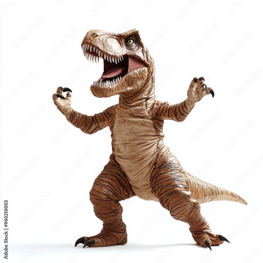 A Tyrannosaurus Rex dinosaur toy with its mouth open and arms raised in a threatening pose. A Tyrannosaurus Rex dinosaur toy with its mouth open and arms raised in a threatening pose.