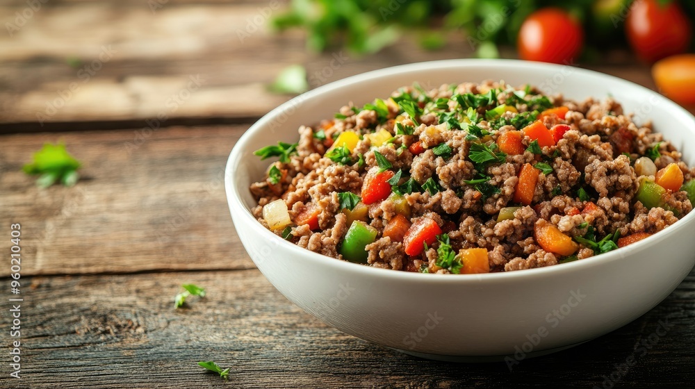 Close-up of a white bowl with minced beef and colorful vegetables, on a rustic wooden table, sprinkled with fresh herbs, warm and appetizing, ready to eat Close-up of a white bowl with minced beef and colorful vegetables, on a rustic wooden table, sprinkled with fresh herbs, warm and appetizing, ready to eat