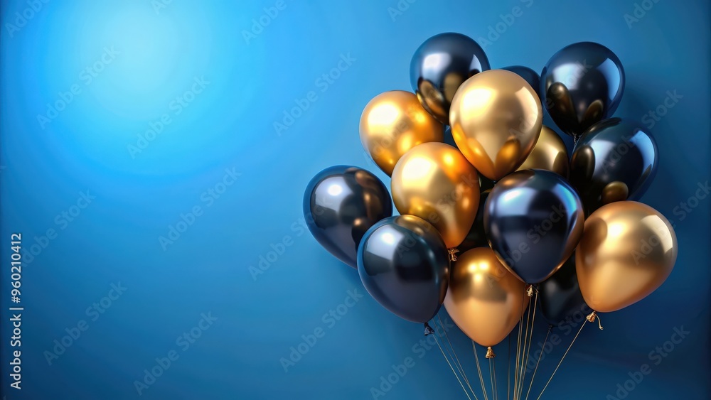 Elegant black and gold balloons contrasting on a vibrant blue background Elegant black and gold balloons contrasting on a vibrant blue background