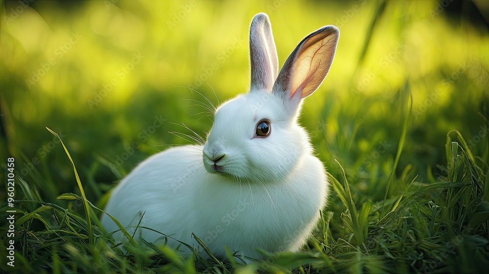 Close-up of a white rabbit in a grassy farm field, its fur bright against the green backdrop, perfectly capturing the essence of rural farm life Close-up of a white rabbit in a grassy farm field, its fur bright against the green backdrop, perfectly capturing the essence of rural farm life